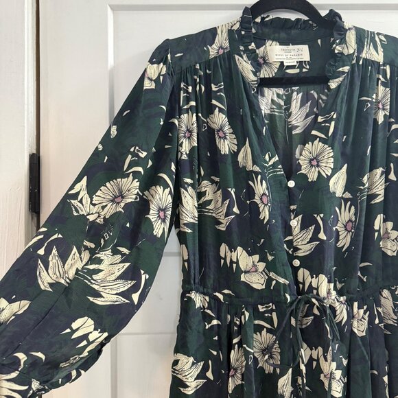 Trovata Birds of Paradis Green Floral Yulia Shirt Dress Long Sleeve Sz M - Picture 6 of 8